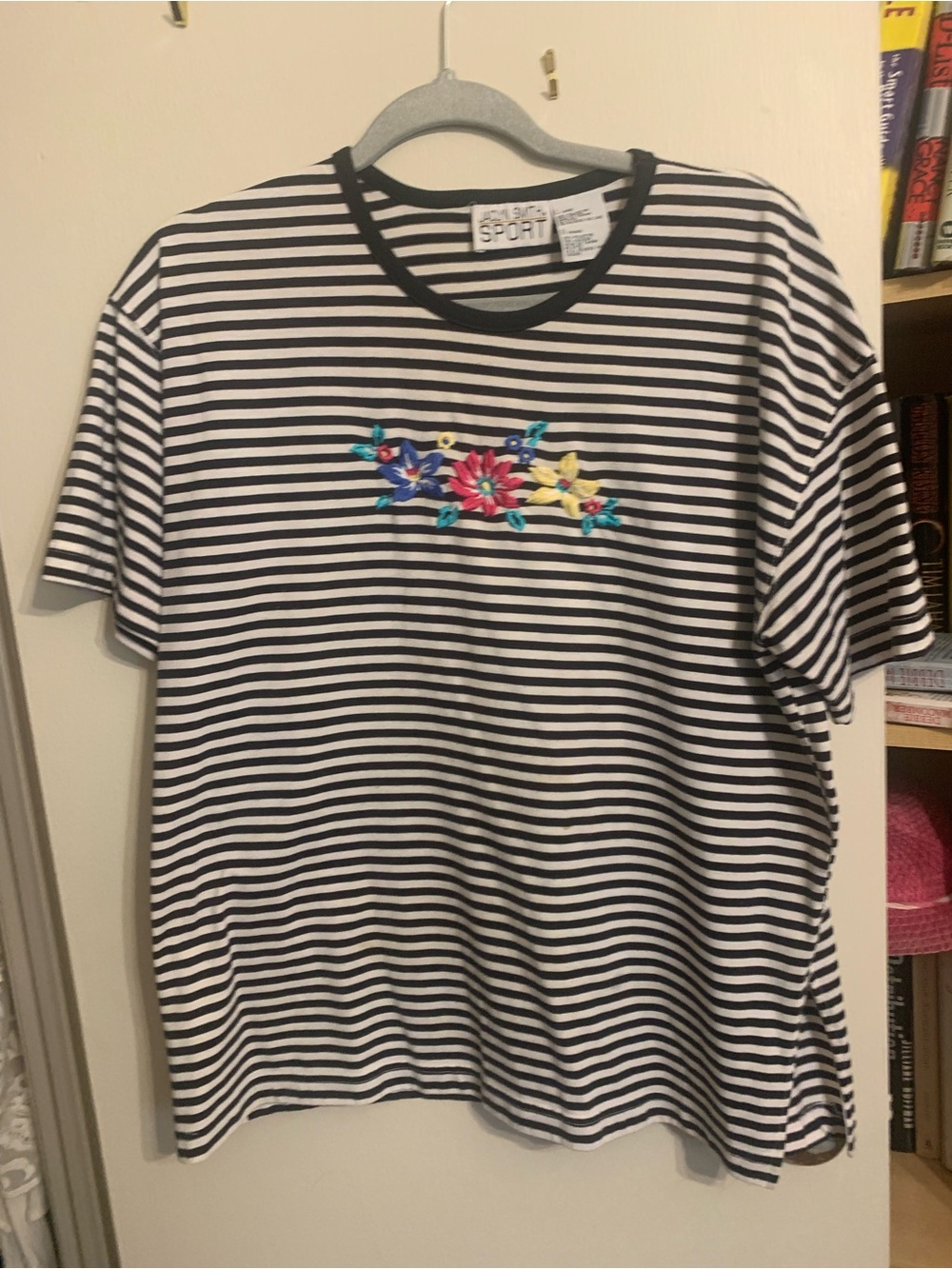 Jaclyn Smith Black & White Striped Tee with Bright Floral Embroidery
